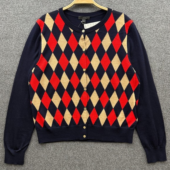 J Crew Sweater Womens XL Blue Jackie Cardigan Argyle Merino Wool Lightweight NWT - Picture 2 of 11